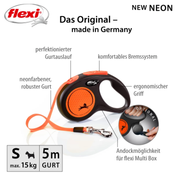 Flexi New Neon, S, neon-orange mit Gurt 5 m