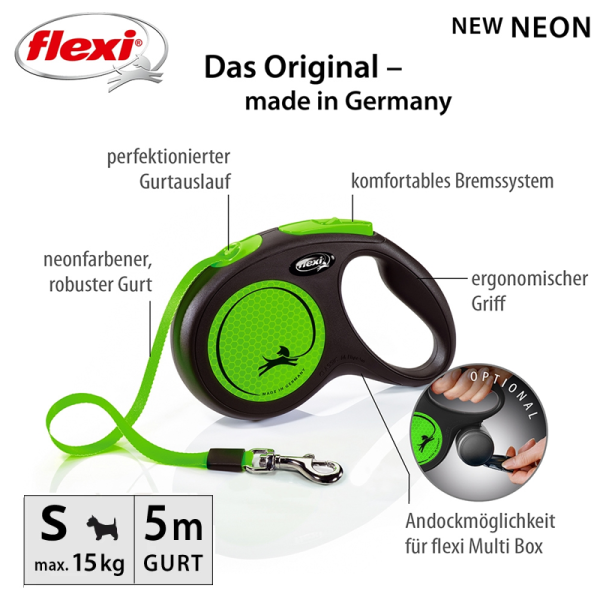 Flexi New Neon, S, neon-grün mit Gurt 5 m